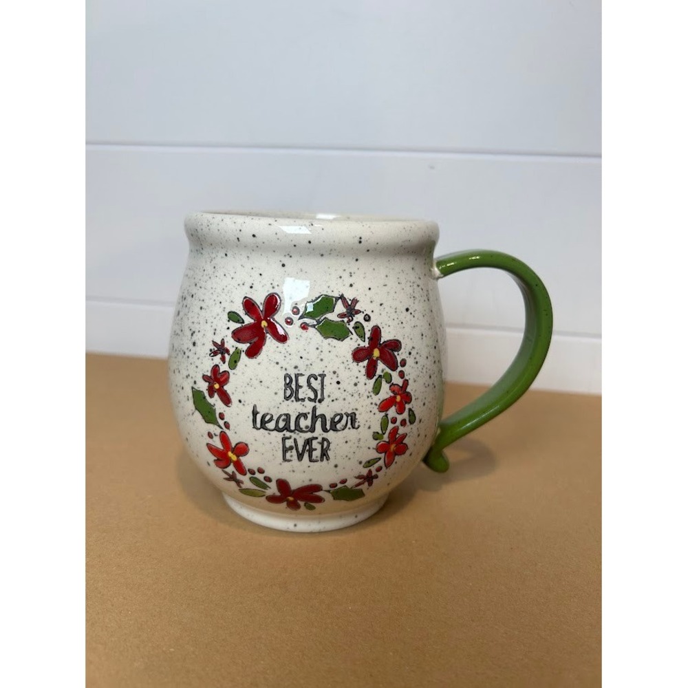 Tag Best Teacher Ever Speckled Ceramic Coffee Mug Green Handle Floral Wreath